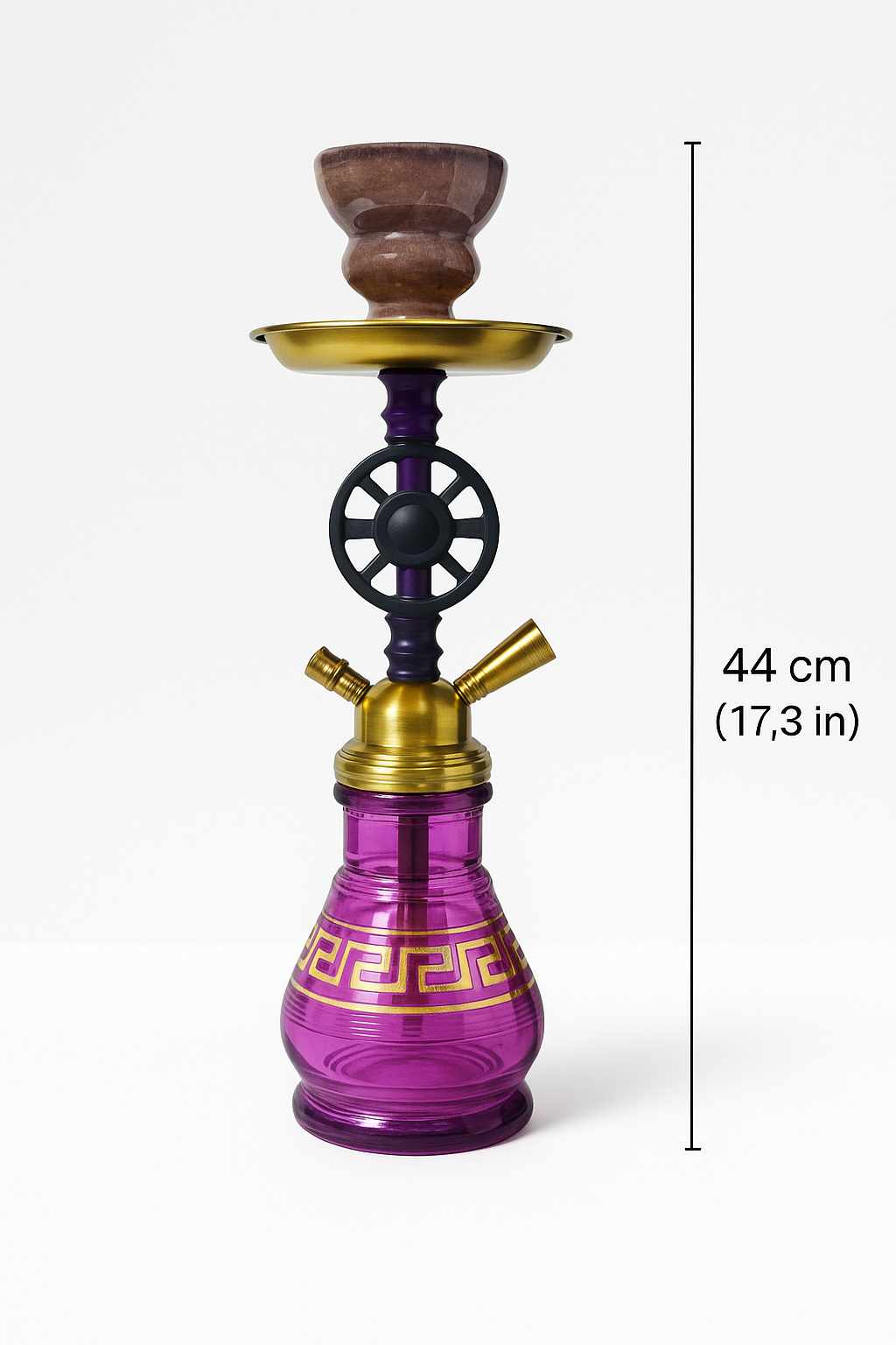 Purple and gold luxury hookah with glass base and Greek key pattern