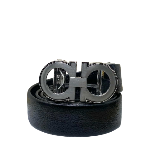 Men’s Black Textured Leather Belt – Salvatore Ferragamo Style Double Gancini Buckle (Gold) | Prime Cove
