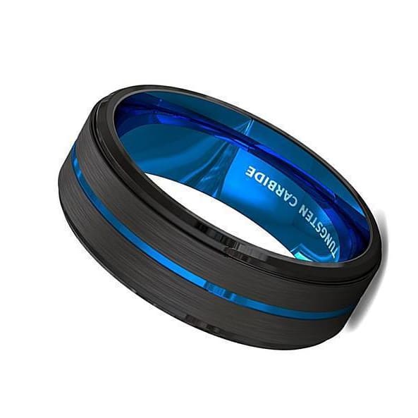 Men's Tungsten Carbide Ring with Black Brushed Thin Blue Groove Step Edges – 8mm