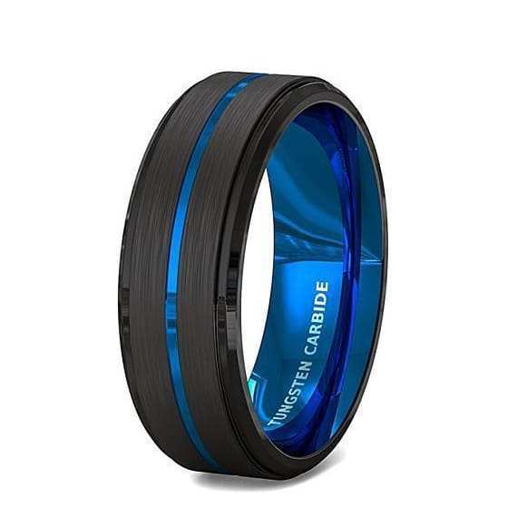 Men's Tungsten Carbide Ring with Black Brushed Thin Blue Groove Step Edges – 8mm